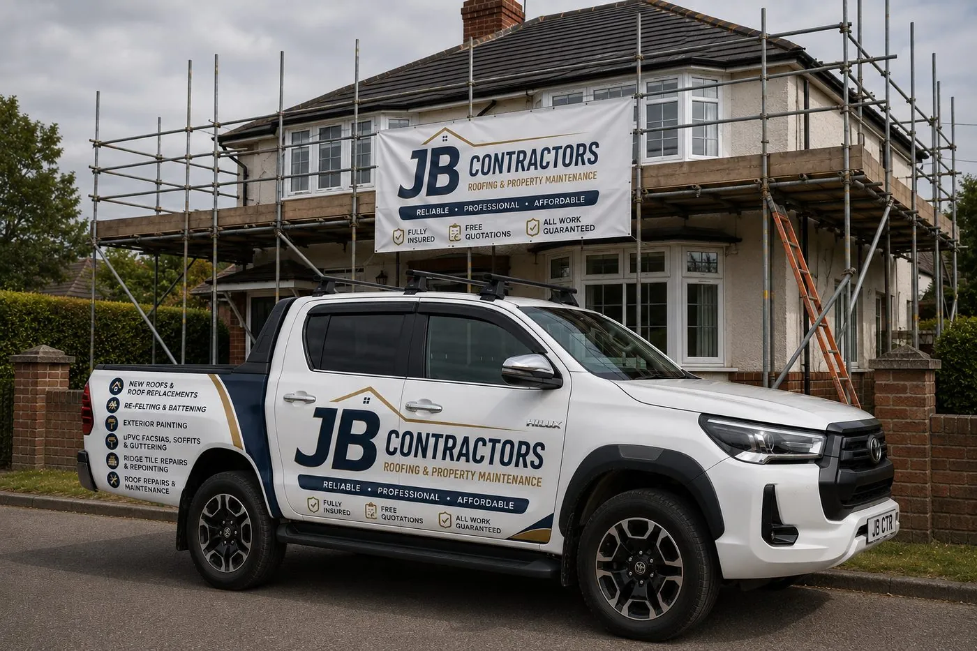 St Just Roofing pickup truck on site at a scaffolded roofing job in St Just